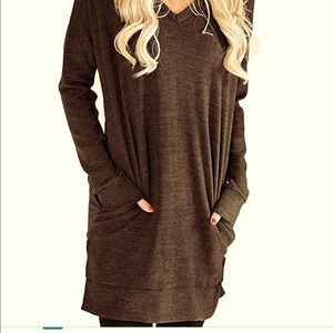 Roshop Women's Casual V-Neck Long Sleeves Pocket Solid Color Sweater